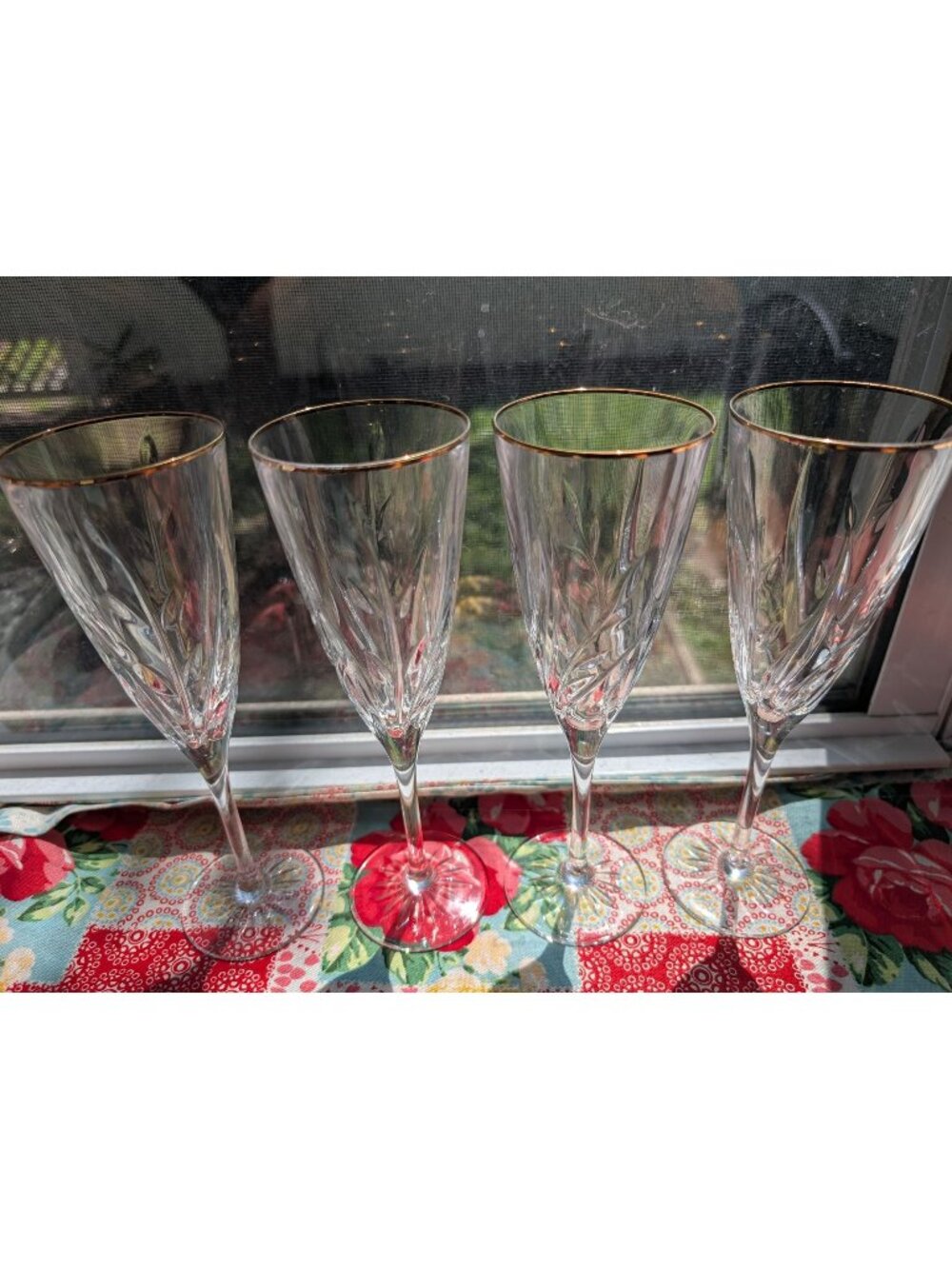 Set of 4 Vintage Cristal d'Arques-Durand Cassandra Gold Crystal Champagne Flutes